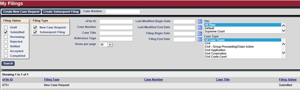 The My Filings tab displays the details of your submitted filing