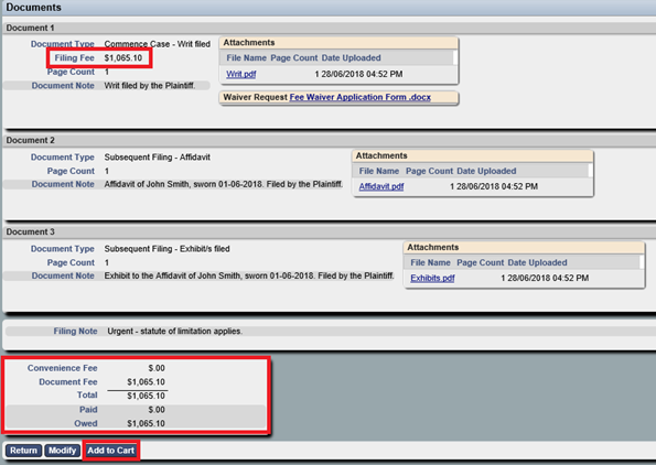 Under Documents the filing fee will be displayed in 2 places if payment is required