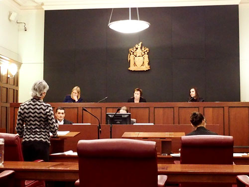 (L to R) Justice Jenny Davies (Federal Court), Justice Pamela Tate, and Associate Justice Mary-Jane Ierodiaconou listening to the submissions of Ms Fiona Ellis.
