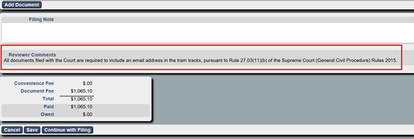 Reviewer comments display in a field in a Filing record