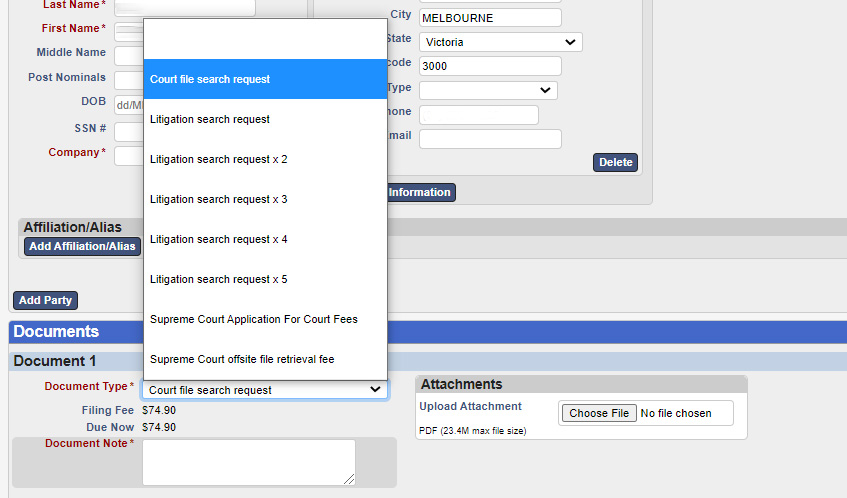 court file search request options