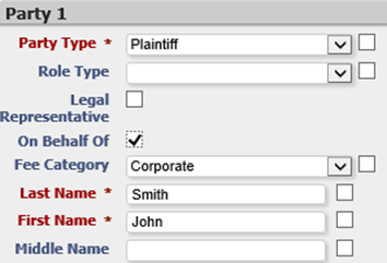 Check the On Behalf Of check box in the Party 1 section