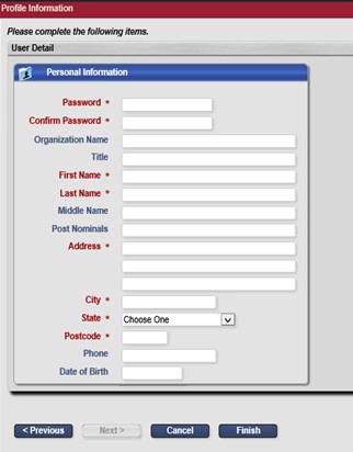 Register - personal details window for RedCrest 